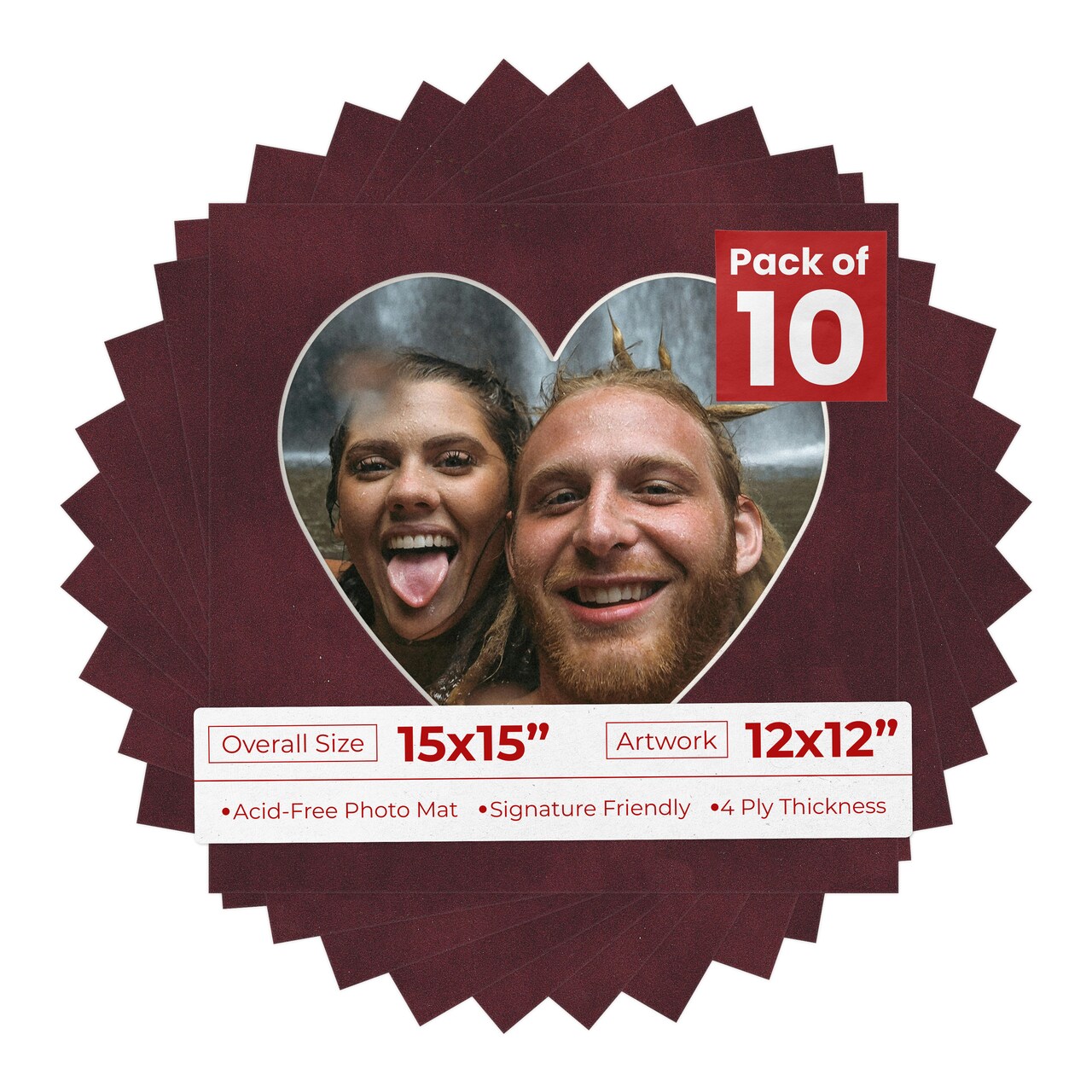 Dark Red Suede Mat Board for 15x15 Frames - Heart Opening for 12x12 Photos